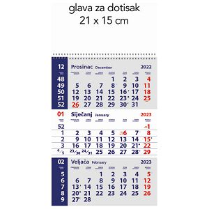 Kalendar zidni trodijelni mali 2025.-3 mjesec/listu, spirala